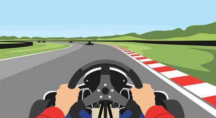 First-person view of a go-kart race on a sunny day, action, speed, competition © punduh