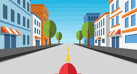 Flat cartoon city street scene with buildings, trees, road, and sky © punduh