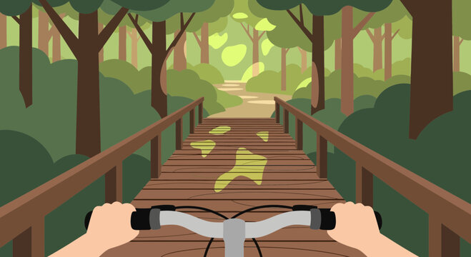 First-person view of cycling on a wooden path through a lush green forest