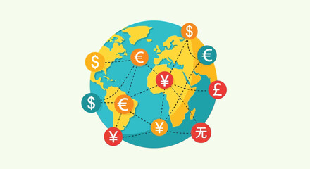 Global Currency Exchange Network - World Map with Money Symbols
