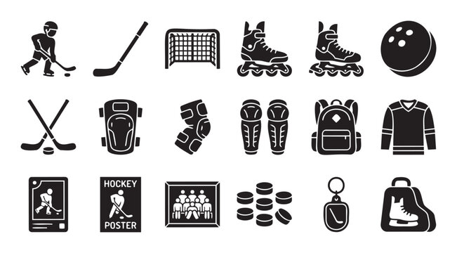 Comprehensive collection of hockey and inline skating equipment icons perfect for sportsthemed athletic branding, digital interfaces, mobile applications, and educational materials