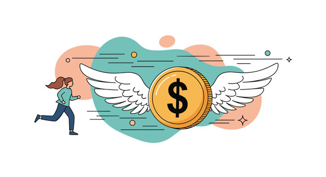 Determined woman running fast to catch a large gold dollar coin with wings representing a pursuit of wealth and financial freedom.