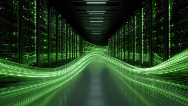 Futuristic server room with glowing green light trails flowing