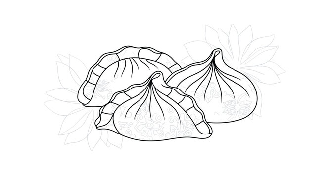 Detailed line art illustration of three traditional dumplings or khinkali with steam and floral patterns in the background.