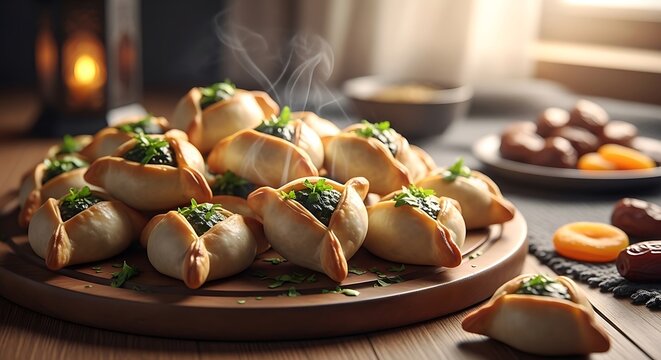 steaming fresh middle eastern spinach fatayer on a rustic wooden table with traditional dates and warm ambient lighting