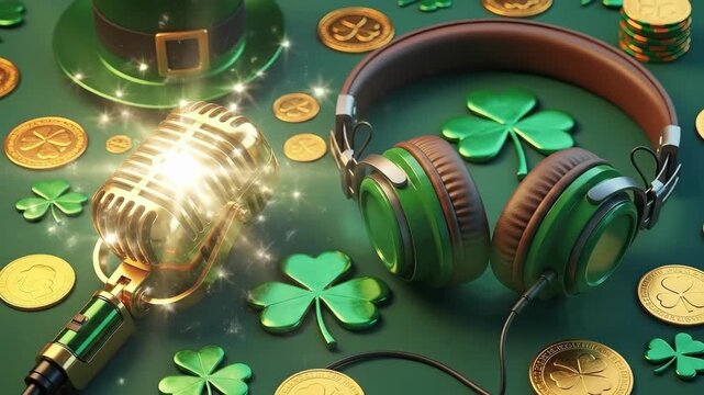 Green headphones, microphone, and shamrock hat for St Patricks Day podcast or music. Irish holiday celebration with audio equipment concept.