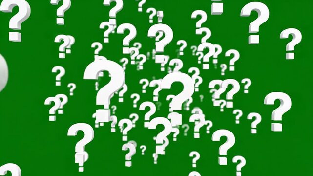 Floating 3D white question marks scattered on green screen