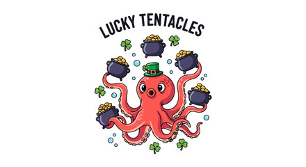Lucky octopus with pots of gold and shamrocks on transparent background silhouette © Hridoy
