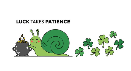 Luck takes patience with a snail pot of gold and clover on transparent background silhouette © Hridoy