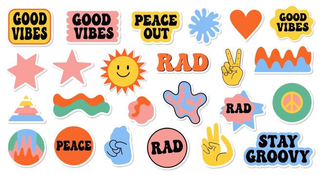 Colorful sticker pack with positive messages on transparent background silhouette