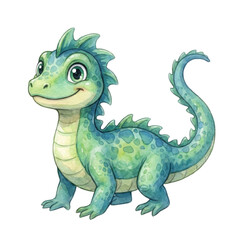 Obraz premium Cute cartoon baby dragon with green scales and big eyes, isolated on white background.