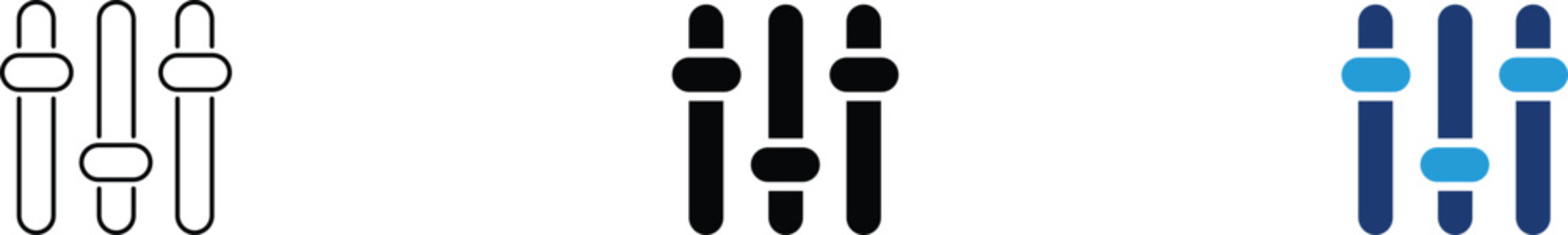 Control sliders icon showing system adjustment and audio settings. Interface illustration for equalizer levels, volume mixing, panel configuration, parameter customization, and digital performance
