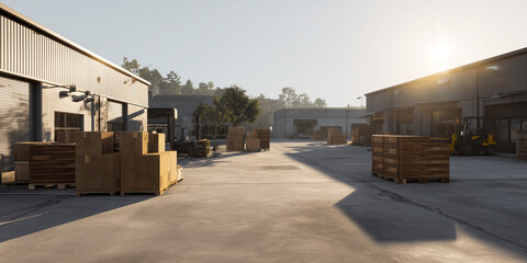 Modern industrial zone with warehouses and loading docks, high resolution background for commercial truck placement
