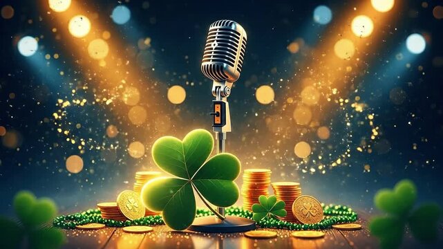 Vintage microphone with lucky four leaf clover and gold coins on a stage background with lights, St Patricks Day celebration of luck and music for promotion