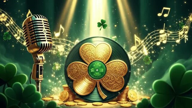 Microphone and vinyl record with golden shamrock design for St. Patricks Day music and celebration. Festive Irish themed event advertisement.