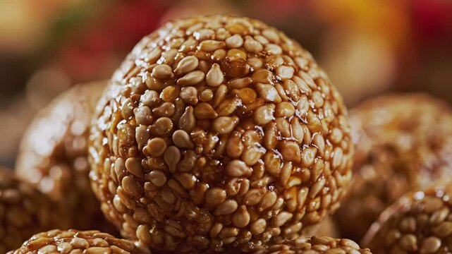 Delicious Sesame Seed Balls Made With Honey And Grains Sweet Appetizing Snack For Festivals And Celebrations Close Up Macro Shot With Blurred Festive Background Warm Lighting