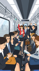 Fototapeta premium Commuters on crowded train, business people using phones and reading during rush hour