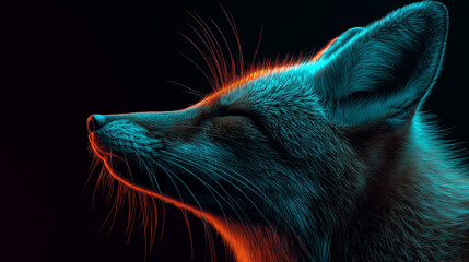 Obraz premium Fox profile with slender face and pointed ears, turquoise facial light and red orange rim lighting on fur