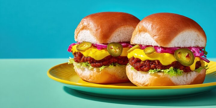 Two Spicy Vegetarian Sliders on a Yellow Plate with Toppings and Sauce, Fresh Street Food Burgers for Restaurant Advertising and Menu Design with Cyan Copy Space
