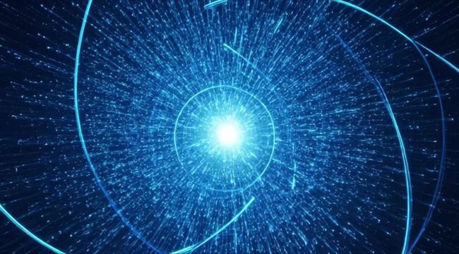 Futuristic digital wallpaper featuring an abstract blue background with binary code patterns, glowing stars, and bright fractal light textures in a dark space concept