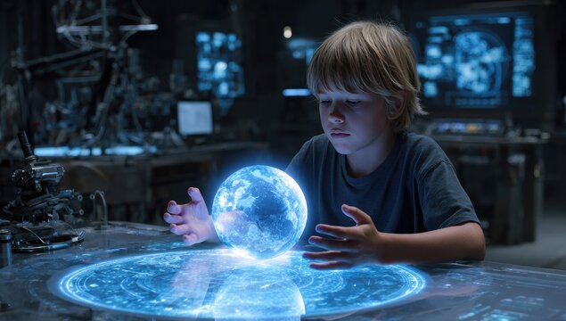 Boy interacts with glowing blue holographic sphere on futuristic table