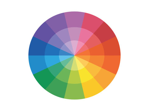 12 Sectioned RYB Color Wheel Red Yellow Blue, artist color system showing 12-part radial wheel, complementary colors opposite each other, vector illustration