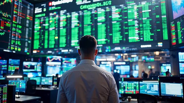 Man in trading room with stock data