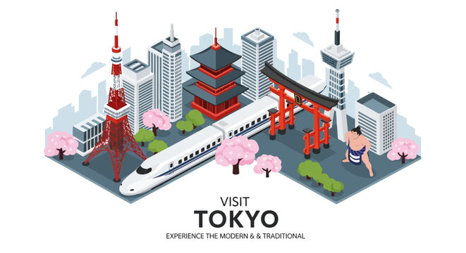 Tokyo Cityscape: Modern & Traditional Icons, Bullet Train, Sumo Wrestler, Cherry Blossoms