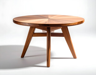 Circular wooden table with radial grain pattern and angled legs