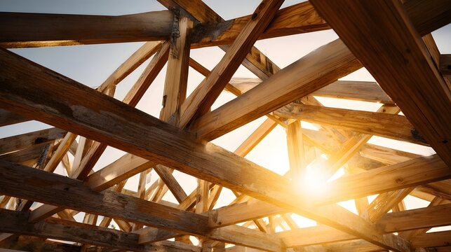 Sunlight Streaming Through Wooden Roof Trusses of an Under Construction Building.