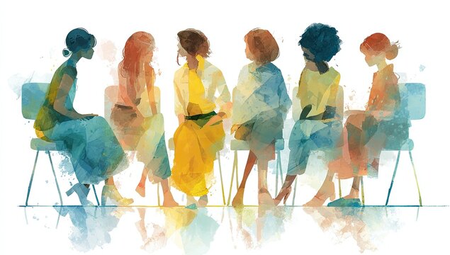 Group of diverse women sitting in chairs, engaged in conversation
