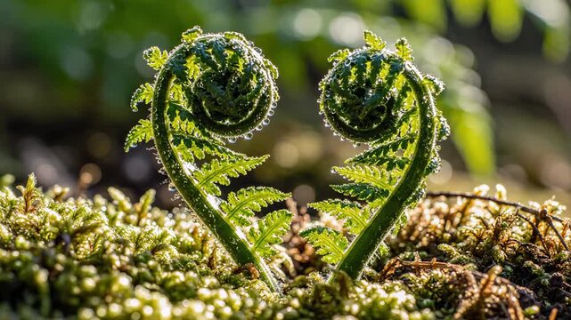 Young ferns unfurl in a lush forest environment.