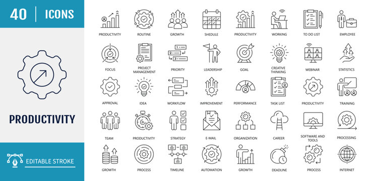 Productivity icon set. Includes  time management, work plan, engineering, efficiency, production, goods, services. Outline icon set. Vector illustration with editable stroke