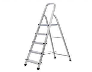 Silver A-frame stepladder with five steps, folded, isolated