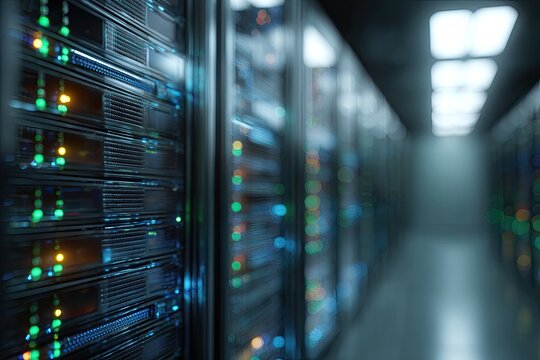 Rows of glowing computer servers in a dimly lit data center