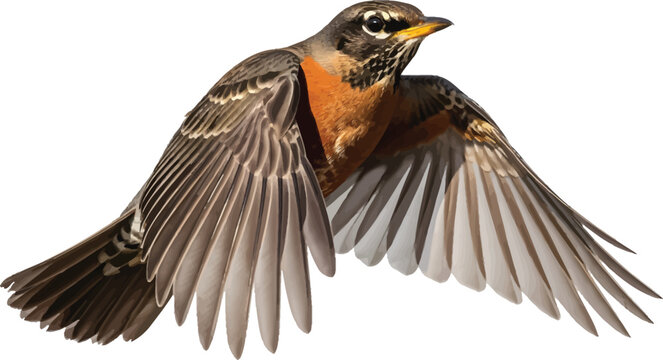 American Robin Flying with Spread Wings on White Background