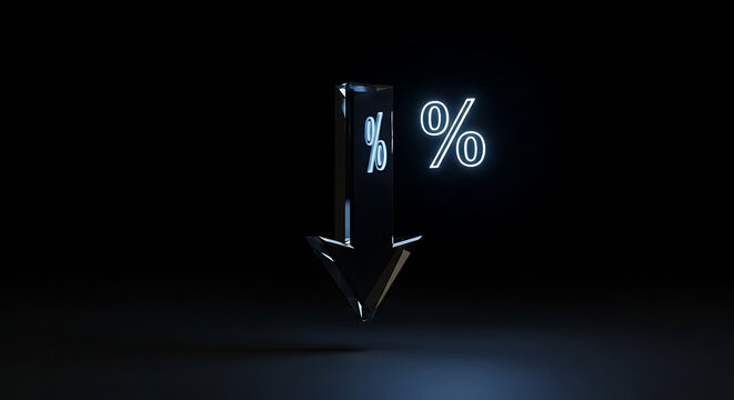 downward arrow and glowing percentage symbol on dark background visualizing interest rate cuts and economic decrease