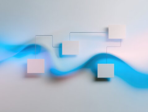 Abstract flowchart diagram with geometric squares and connected lines on a cool grey background, perfect for technology concepts, software development development and copy space