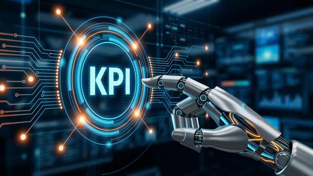 Digital employee leverages data to review KPI and performance metrics, driving productivity through advanced technology and robotic hand interaction with futuristic digital interface