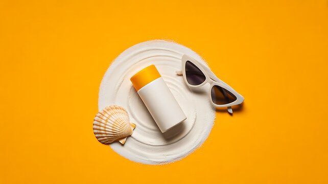 Summer beach accessories with sunscreen sunglasses and seashell on yellow background