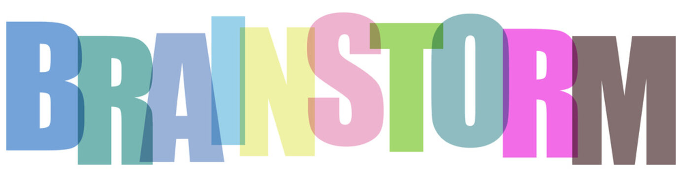 Colorful 'BRAINSTORM' text with overlapping letters, representing creative thinking, idea generation, and collaborative problem-solving for business concepts and innovation.
