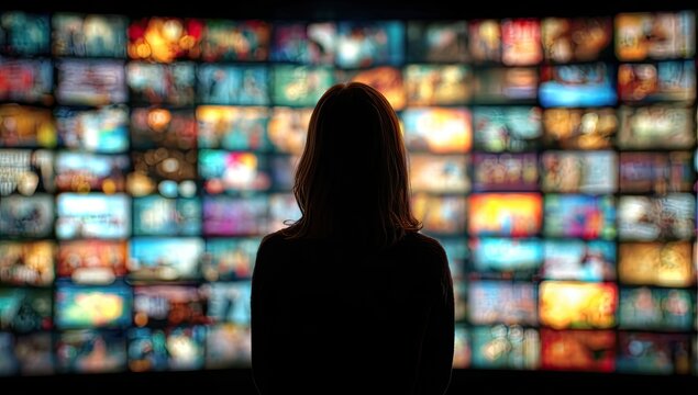Person silhouetted against a large wall of screens