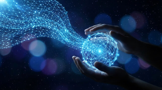 Hands cradling glowing blue network sphere with connections flowing out
