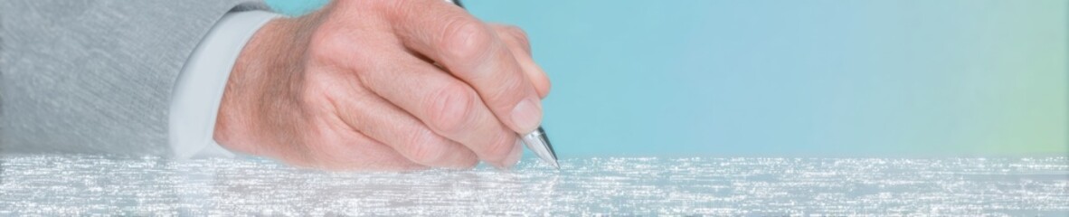 Business person signing a contract on a white surface with blue background, professional male hand with pen reviewing legal document for a corporate office project