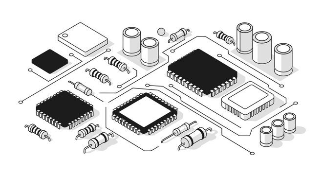 Isometric Electronic Components Arranged on Circuit Board Lines