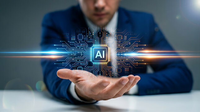 Businessman presenting artificial intelligence technology in his hand