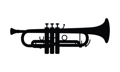 Naklejka premium Silhouette of a brass trumpet, a musical instrument used in jazz, classical, and marching bands, isolated on a white background.