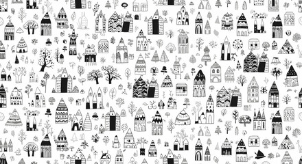Whimsical Hand-Drawn Village Pattern: Black and White Doodle Houses and Trees