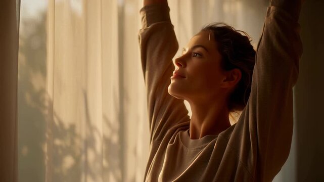 Peaceful Woman Stretching by Sunlit Window in Warm Golden Morning Light &ndash; Mindfulness, Wellness and Healthy Lifestyle Concept