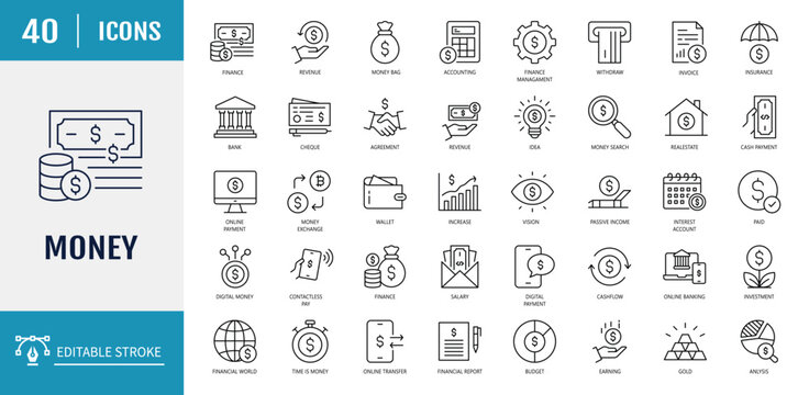 Money icon set. Includes cash, saving, transfer, withdraw and more icons. Outline Icon Set. Vector illustration with Editable stroke